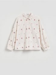 Bawełniana koszula z haftem - beżowy. Brązowe koszule Reserved, l, bez wzorów, z bawełny, bez kołnierzyka, bez ramiączek. Za 139.99 zł.