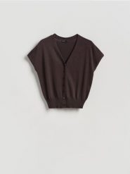 Kardigan z lyocellem - ciemnobrązowy. Brązowe swetry Reserved, l, bez wzorów, z dzianiny, bez ramiączek. Za 99.99 zł.