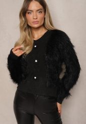 Czarny Sweter z Długim Włosiem i Wełną z Guzikami w Kształcie Kwiatów Meriwine. Czarne swetry Renee, bez wzorów, z jeansu, casualowe, bez ramiączek. Za 54.99 zł.