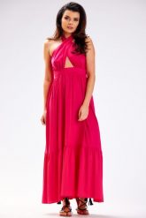 Maxi Letnia Sukienka Wiskozowa Wiązana na Karku - Fuksja. Czerwone sukienki Awama, l, bez wzorów, z elastanu, wizytowe, bez kołnierzyka, bez ramiączek, maxi. Za 279.90 zł.