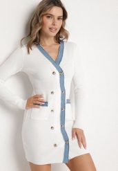Biała Dzianinowa Sukienka z Wiskozą w Stylu Retro z Ozdobnymi Napami Tesmere. Białe sukienki Born2be, na co dzień, m, z aplikacjami, z dzianiny, eleganckie, bez kołnierzyka, bez ramiączek, mini, dopasowane. W wyprzedaży za 135.99 zł.