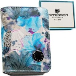 Portfel damski z roślinnym wzorem wykonany ze skóry ekologicznej i naturalnej PTN PX33-1-NPK Peterson. Niebieskie portfele Peterson, bez wzorów, ze skóry ekologicznej. Za 84.99 zł.