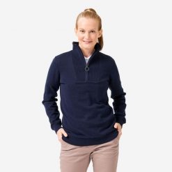 Sweter do golfa damski wiatroszczelny MW500 z wysokim kołnierzem. Niebieskie swetry INESIS, m, bez wzorów, z bawełny, eleganckie, bez ramiączek. Za 199.99 zł.