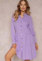 Fioletowa Sukienka Mini z Kołnierzem i Ozdobnymi Klapami Zylana. Fioletowe sukienki Renee, na co dzień, bez wzorów, eleganckie, bez kołnierzyka, bez ramiączek, mini, koszulowe. W wyprzedaży za 83.99 zł.