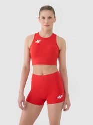 4F Biustonosz treningowy ze średnim wsparciem damski - czerwony XXS. Czerwone biustonosze sportowe 4f, bez wzorów, z dzianiny, do biegania. Za 129.99 zł.
