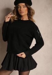 Czarny Sweter z Wełną Ozdobiony Cekinami Gebilae. Czarne swetry Renee, bez wzorów, z jeansu, casualowe, bez ramiączek. W wyprzedaży za 95.99 zł.