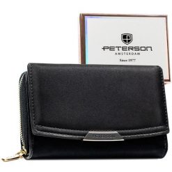 Portfel damski ze skóry ekologicznej w czarnym kolorze wyposażony w system RFID - Peterson. Czarne portfele Peterson, bez wzorów, ze skóry ekologicznej. Za 94.99 zł.