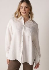Biała Wiskozowa Koszula z Dodatkiem Lnu z Tkaniny Strukturalnej Noma. Białe koszule Born2be, uniwersalny, bez wzorów, z jeansu, casualowe, bez kołnierzyka, bez ramiączek. Za 84.99 zł.