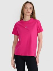 4F T-shirt oversize z nadrukiem damski - różowy L. Czerwone t-shirty 4f, l, bez wzorów, z bawełny, klasyczne, bez kołnierzyka, bez ramiączek. Za 69.99 zł.
