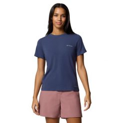 T-shirt sportowy z krótkim rękawem damski Sun Trek W SS II Tee. Niebieskie t-shirty sportowe Columbia, m, bez wzorów, z bawełny, bez ramiączek, do biegania. Za 99.99 zł.