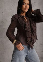 Brązowa Bluzka z Lyocellem w Stylu Boho z Wiązaniem pod Szyją i Falbanami Tasimi. Brązowe bluzki Renee, l, bez wzorów, z jeansu, boho, bez kołnierzyka, bez ramiączek. Za 99.99 zł.