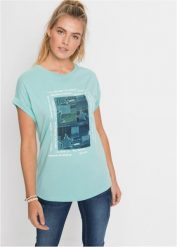 T-shirt z miękkiego materiału z domieszką wiskozy. Niebieskie t-shirty bonprix, bez wzorów, z wiskozy, bez kołnierzyka, bez ramiączek. Za 54.99 zł.