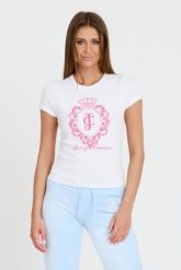 JUICY COUTURE Biały t-shirt Heritage Crest Fitted. Białe t-shirty Juicy Couture, s, bez wzorów, bez kołnierzyka, bez ramiączek. W wyprzedaży za 106.99 zł.