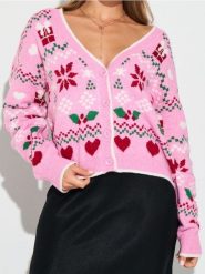 Świąteczny kardigan z motywem gwiazdy betlejemskiej i serduszek - wielobarwny. Swetry Sinsay, l, bez wzorów, wizytowe, bez ramiączek. Za 69.99 zł.