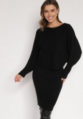 Czarny Dzianinowy Komplet Prążkowany Sukienka i Sweter o Kroju Nietoperz Wederela. Czarne swetry Born2be, m, bez wzorów, z dzianiny, eleganckie, bez ramiączek. Za 139.99 zł.
