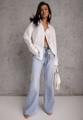 Niebieskie Szerokie Jeansy z Bawełny High Waist z Paskiem w Stylu Sznurówki Vetinia. Niebieskie jeansy Renee, l, bez wzorów, z bawełny, z podwyższonym stanem. Za 129.99 zł.