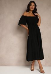 Czarna Wiskozowa Sukienka z Lnem o Rozkloszowanym Kroju Koloreia. Czarne sukienki Renee, na co dzień, m, bez wzorów, z wiskozy, eleganckie, bez kołnierzyka, bez ramiączek, midi, rozkloszowane. W wyprzedaży za 107.99 zł.