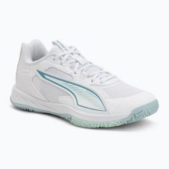 Damskie buty halowe Puma Accelerate Pro. Białe buty treningowe Puma, bez wzorów, z materiału, bez zapięcia, do piłki ręcznej. Za 349.99 zł.