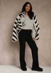 Czarne Szerokie Spodnie z Wełną High Waist z Prążkowanego Materiału Reinna. Czarne spodnie materiałowe Renee, bez wzorów, z jeansu, casualowe, z podwyższonym stanem. Za 69.99 zł.