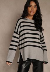 Szaro-Czarny Sweter Oversize w Paski Kalitusa. Czarne swetry Renee, bez wzorów, z jeansu, casualowe, bez ramiączek. Za 64.99 zł.