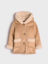 Płaszcz z imitacji zamszu - beżowy. Brązowe płaszcze Sinsay, na jesień, l, bez wzorów, z kapturem. Za 35.99 zł.