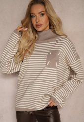 Beżowy Golf z Dodatkiem Bawełny w Paski z Prążkowanego Materiału z Naszywką Lerisara. Brązowe swetry Renee, na zimę, z aplikacjami, z bawełny, bez ramiączek. W wyprzedaży za 119.99 zł.