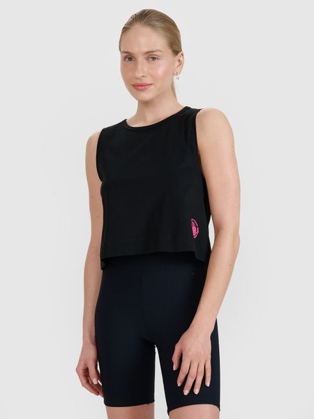 4F Top regular z nadrukiem damski - czarny XL. Czarne topy 4f, xl, bez wzorów, z bawełny, klasyczne, bez kołnierzyka, bez ramiączek. W wyprzedaży za 29.99 zł.