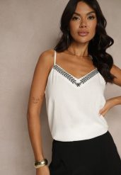 Biały Wiskozowy Top na Ramiączkach z Lnem Zdobiony Haftem Zireia. Białe topy Renee, m, z aplikacjami, z jeansu, eleganckie, bez kołnierzyka, bez ramiączek. W wyprzedaży za 75.99 zł.