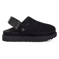 UGG Goldenstar Clog Klapki damskie. Czarne klapki UGG, bez wzorów, z mikrofibry, biznesowe, bez obcasa, na platformie, bez zapięcia. Za 589.99 zł.