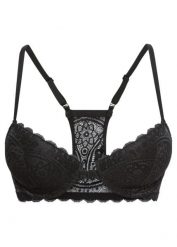Biustonosz usztywniany z zapięciem z przodu i tyłem typu bokserka. Czarne biustonosze bonprix, bez wzorów, z koronki. Za 47.99 zł.