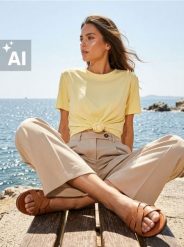 Koszulka wiązana w talii - yellow jeans. Żółte t-shirty sportowe Sinsay, l, bez wzorów, z jeansu, bez ramiączek. W wyprzedaży za 17.99 zł.
