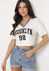 Biały Bawełniany T-shirt z Napisem Nitanelia. Białe t-shirty Born2be, m, bez wzorów, z bawełny, bez kołnierzyka, bez ramiączek. W wyprzedaży za 29.74 zł.