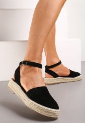 Czarne Espadryle na Podeszwie z Plecionką Zapinane Przy Kostce Griolla. Czarne espadryle Renee, bez wzorów, bez obcasa. W wyprzedaży za 62.99 zł.