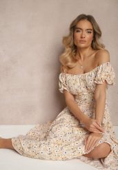 Żółta Rozkloszowana Sukienka w Kwiatowy Print z Bawełną i Dekoltem Łódką z Bufkami Saniren. Żółte sukienki Renee, l, bez wzorów, z bawełny, eleganckie, bez kołnierzyka, bez ramiączek, midi, rozkloszowane. W wyprzedaży za 69.99 zł.