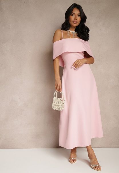 Różowa Rozkloszowana Sukienka na Ramiączkach z Wywiniętym Dekoltem Jenavitia. Czerwone sukienki Renee, na imprezę, m, bez wzorów, eleganckie, bez kołnierzyka, bez ramiączek, midi, rozkloszowane. Za 139.99 zł.