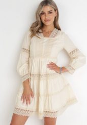 Beżowa Sukienka Mini z Koronkowymi Wstawkami i Rozkloszowanym Dołem Femona. Brązowe sukienki Born2be, na co dzień, m, bez wzorów, z koronki, bez kołnierzyka, bez ramiączek, mini, proste. Za 269.99 zł.