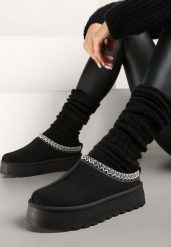 Czarne Śniegowce na Grubej Podeszwie z Niską Haftowaną Cholewką Etandiel. Czarne śniegowce Born2be, bez wzorów, z jeansu, bez zapięcia. Za 79.99 zł.
