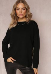 Czarny Sweter o Luźnym Kroju Enian. Czarne swetry Renee, xl, bez wzorów, z dzianiny, casualowe, bez ramiączek. W wyprzedaży za 79.99 zł.