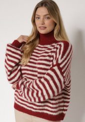 Bordowy Golf z Domieszką Wełny w Paski Monallia. Czerwone swetry Born2be, m, bez wzorów, z jeansu, eleganckie, bez ramiączek. Za 159.99 zł.