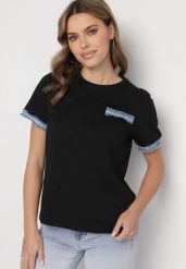 Czarna Bluzka Oversize z Bawełny z Krótkim Rękawem i Ozdobnymi Lamówkami Calnil. Czarne bluzki Born2be, l, bez wzorów, z bawełny, eleganckie, bez kołnierzyka, bez ramiączek. Za 49.99 zł.