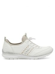 Rieker Półbuty L3259-80 Biały. Białe półbuty wsuwane Rieker, bez wzorów, z materiału, bez obcasa, na płaskiej podeszwie. Za 359.99 zł.
