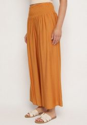 Pomarańczowe Wiskozowe Szerokie Spodnie z Wysokim Stanem Orrilia. Brązowe jeansy Born2be, l, bez wzorów, z jeansu, eleganckie, z podwyższonym stanem. Za 69.99 zł.