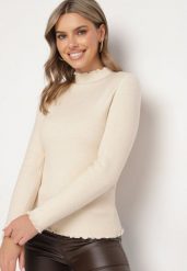 Beżowy Sweter z Wełną i Ozdobną Falbanką przy Dekolcie Seanoria. Brązowe swetry Born2be, l, z aplikacjami, z jeansu, eleganckie, bez ramiączek. W wyprzedaży za 76.49 zł.