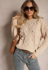 Beżowy Sweter z Wełną i Wiskozą Ozdobiony Tłoczeniem i Kulkami Vaiannae. Brązowe swetry Renee, na zimę, m, bez wzorów, z wełny, casualowe, bez ramiączek. W wyprzedaży za 79.99 zł.