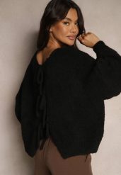 Czarny Kardigan z Wełną o Kroju Oversize z Wiązanymi Kokardami Elearina. Czarne swetry Renee, bez wzorów, z jeansu, eleganckie, bez ramiączek. Za 139.99 zł.