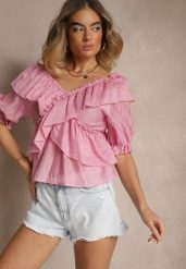 Różowa Bluzka z Falbankami i Bufiastymi Rękawami Aliviera. Czerwone bluzki Renee, bez wzorów, z jeansu, eleganckie, bez kołnierzyka, bez ramiączek. W wyprzedaży za 75.99 zł.