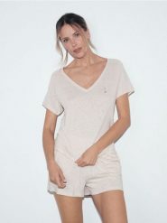 Piżama z lnem i wiskozą - kremowy. Białe piżamy Reserved, l, bez wzorów, z dzianiny, bez kołnierzyka, bez ramiączek. Za 139.99 zł.