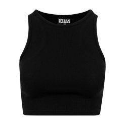 Damski klasyczny miejski crop top w prążki. Czarne topy Urban Classics, bez wzorów, prążkowane, klasyczne, bez kołnierzyka, bez ramiączek. Za 36.50 zł.