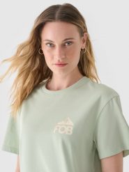 4F T-shirt regular z nadrukiem damski - khaki XS. Brązowe t-shirty 4f, xs, bez wzorów, z bawełny, klasyczne, bez kołnierzyka, bez ramiączek. W wyprzedaży za 19.99 zł.
