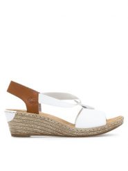 Rieker Sandały 624H6-81 Biały. Białe sandały Rieker, bez wzorów, z syntetyku, bez obcasa, na koturnie, bez zapięcia. Za 299.99 zł.